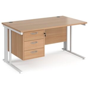 Melor 1400mm Computer Desk In Beech And White With 3 Drawers