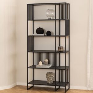 Surf Tall Wooden Bookcase With Metal Frame In Matt Black Izmir