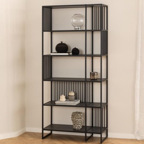 Surf Tall Wooden Bookcase With Metal Frame In Matt Black Izmir